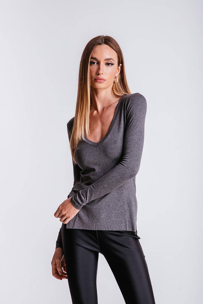 Blusa Longuete Decote V - Chumbo